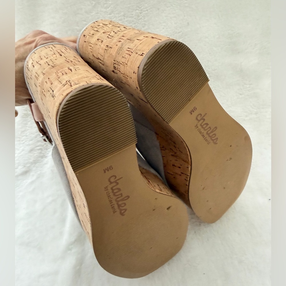 Charles Charles David Faux Gray Suede Cork Wedge Sandal Slingback Size 9 - Picture 7 of 13